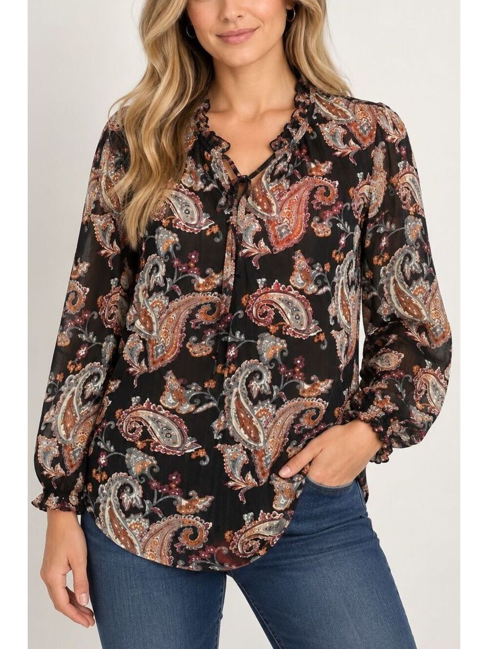 Vintage 90s Anne Klein Paisley Blouse Women's Black Boho Poetcore Long Sleeve
